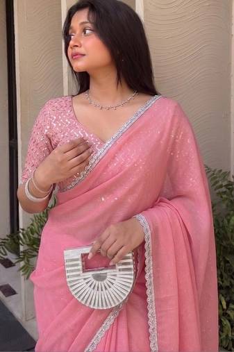 Pink Embroidered Organza Designer Saree with blouse 