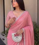 Pink Embroidered Organza Designer Saree with blouse 