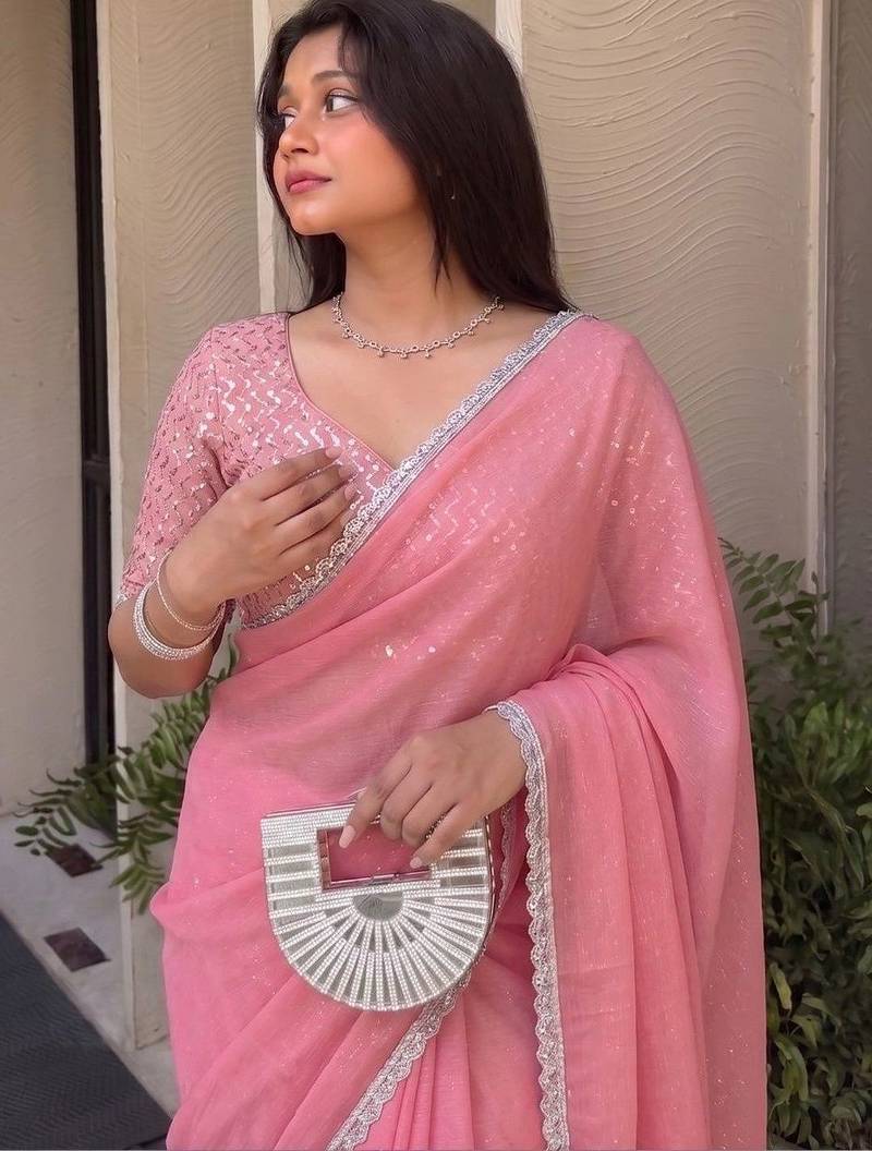 Pink Embroidered Organza Designer Saree with blouse 