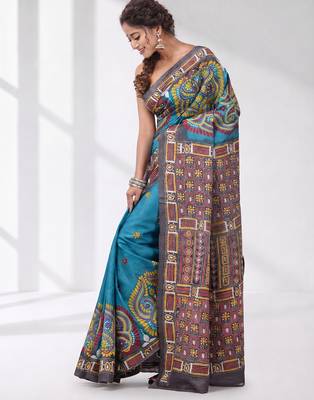 sky blue and grey kantha stitch handwoven saree 2