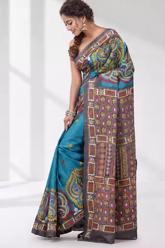 sky blue and grey kantha stitch handwoven saree