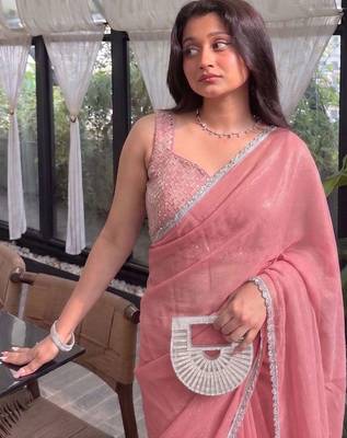 Pink Embroidered Organza Designer Saree with blouse  2