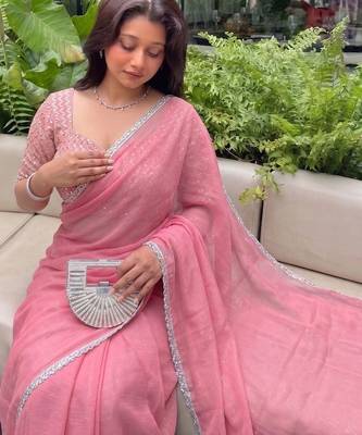 Pink Embroidered Organza Designer Saree with blouse  3