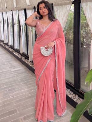 Pink Embroidered Organza Designer Saree with blouse  4