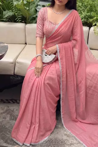 Pink Embroidered Organza Designer Saree with blouse 