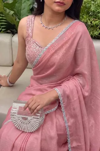 Pink Embroidered Organza Designer Saree with blouse 