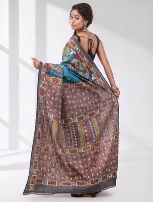 sky blue and grey kantha stitch handwoven saree 3
