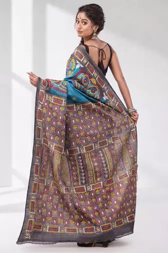 sky blue and grey kantha stitch handwoven saree