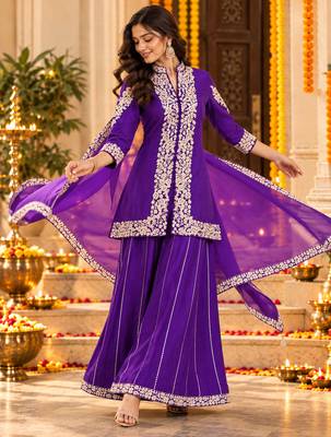 Women's cording and sequin work chinon kurta set with dupatta 1