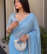 Blue Embroidered Organza Designer Saree with blouse