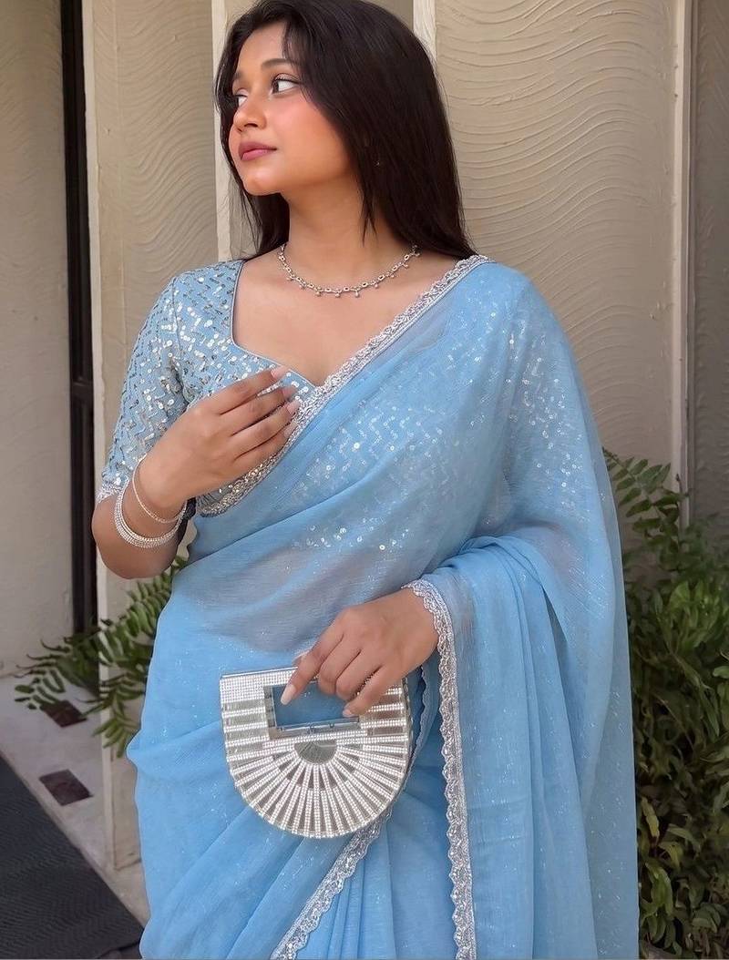 Blue Embroidered Organza Designer Saree with blouse