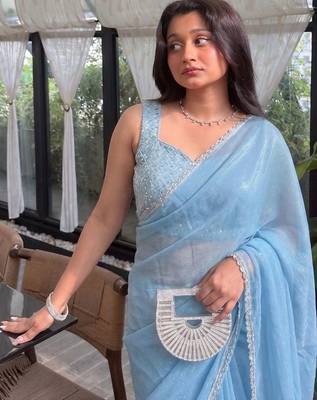 Blue Embroidered Organza Designer Saree with blouse 2