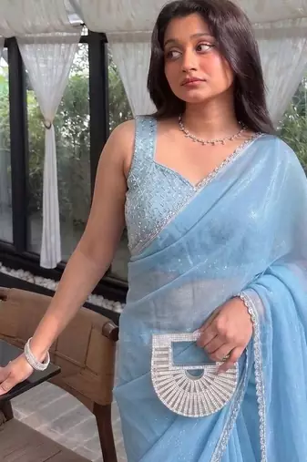 Blue Embroidered Organza Designer Saree with blouse