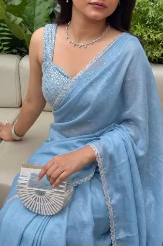 Blue Embroidered Organza Designer Saree with blouse