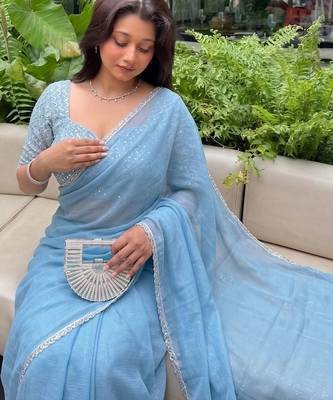 Blue Embroidered Organza Designer Saree with blouse 4