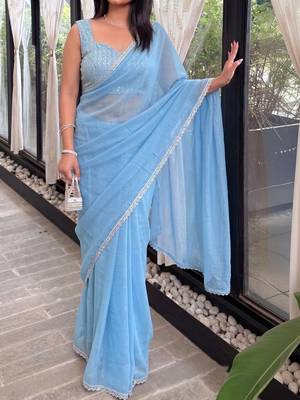 Blue Embroidered Organza Designer Saree with blouse 5