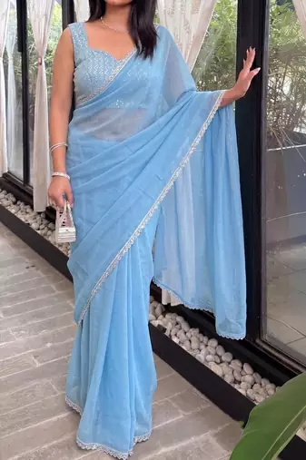 Blue Embroidered Organza Designer Saree with blouse