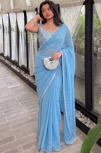 Blue Embroidered Organza Designer Saree with blouse