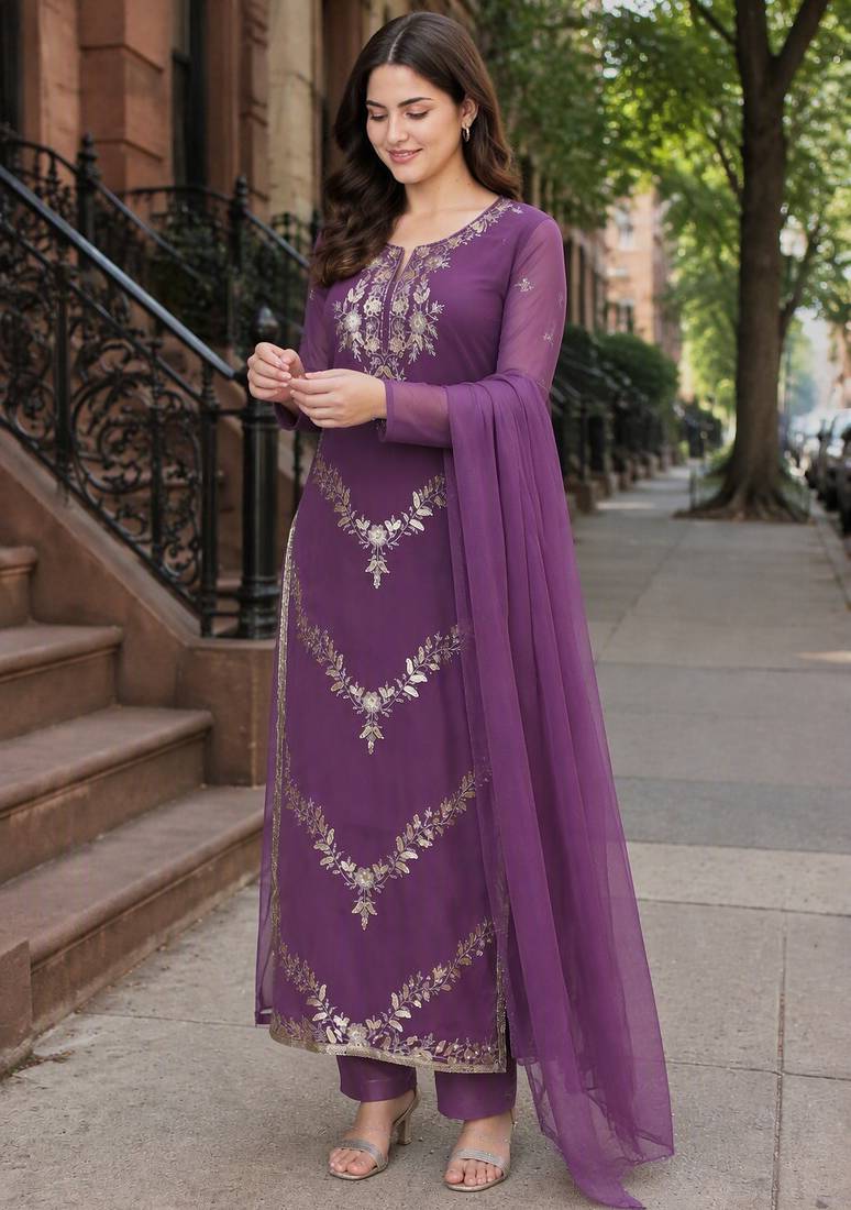 Purple georgette kurta with viscose bottom & nazmin dupatta
