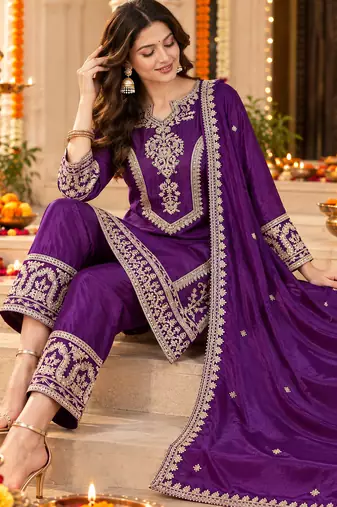 Women's stylish embroidered purple kurta pant with dupatta for festive look