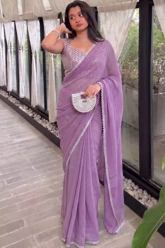 Lavender Embroidered Organza Designer Saree with blouse