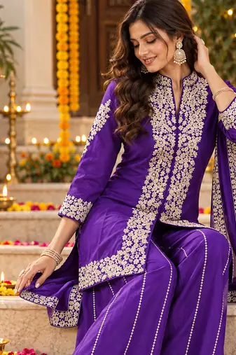 Women's cording and sequin work chinon kurta set with dupatta