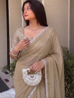 Beige Embroidered Organza Designer Saree with blouse  1