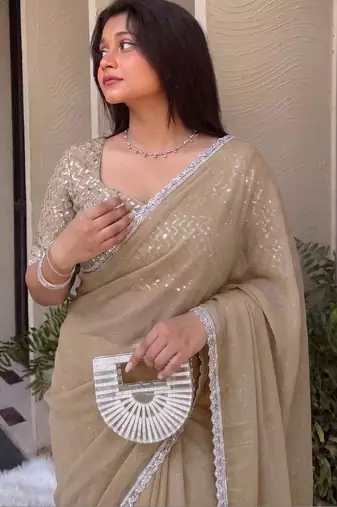 Beige Embroidered Organza Designer Saree with blouse 