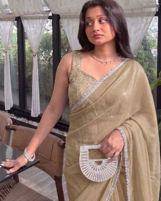 Beige Embroidered Organza Designer Saree with blouse  2