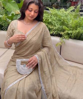 Beige Embroidered Organza Designer Saree with blouse  3