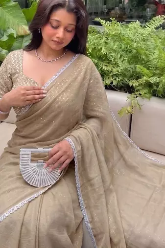 Beige Embroidered Organza Designer Saree with blouse 