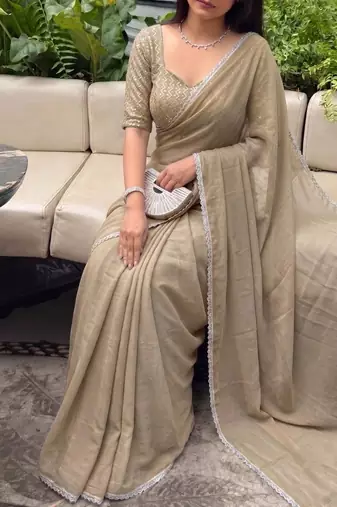 Beige Embroidered Organza Designer Saree with blouse 