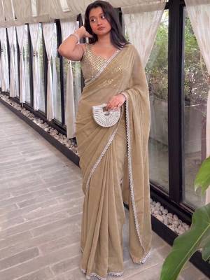 Beige Embroidered Organza Designer Saree with blouse  5