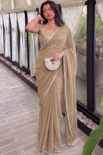 Beige Embroidered Organza Designer Saree with blouse 