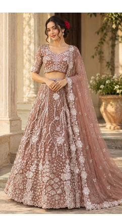 Chiku Color Sequins And Dori Work Butterfly Net Lehenga Choli 1