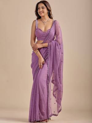 Lavender Embellished Sequinned Chiffon Designer Saree with blouse  2