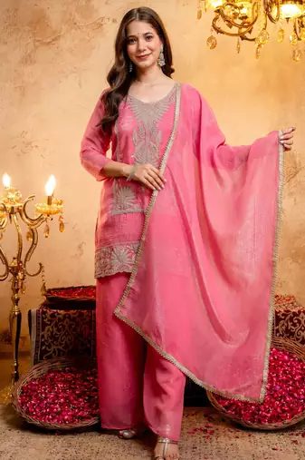 Pink crunchy kurta palazzo dupatta set
