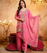 Pink crunchy kurta palazzo dupatta set