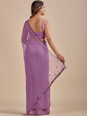 Lavender Embellished Sequinned Chiffon Designer Saree with blouse  5