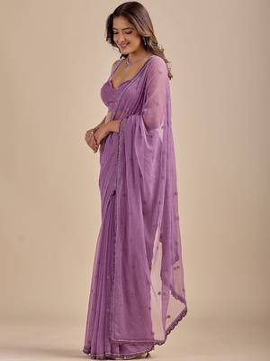 Lavender Embellished Sequinned Chiffon Designer Saree with blouse  6