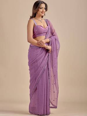 Lavender Embellished Sequinned Chiffon Designer Saree with blouse  7