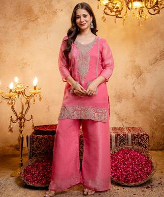 Pink crunchy kurta palazzo dupatta set 2
