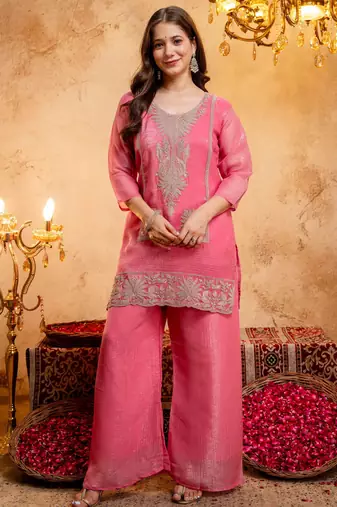 Pink crunchy kurta palazzo dupatta set