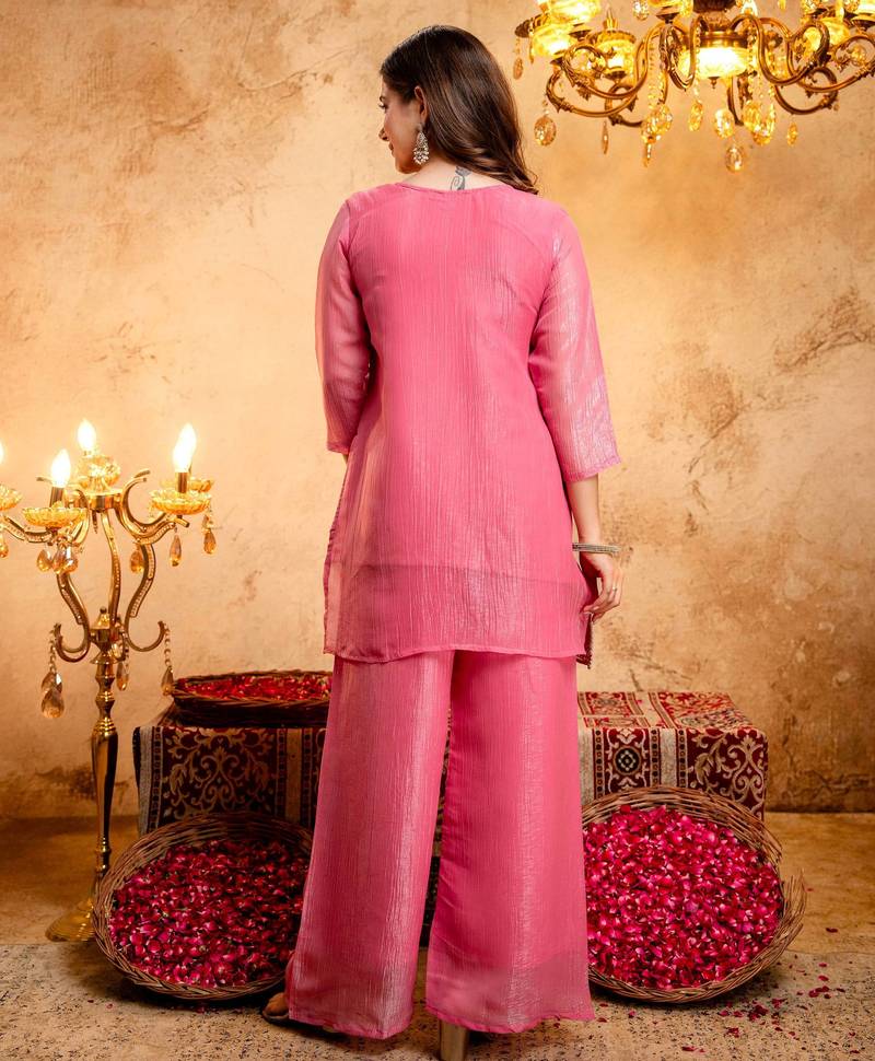 Pink crunchy kurta palazzo dupatta set