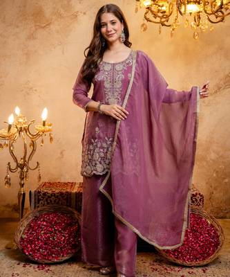 Purple embroidered crunchy kurta palazzo dupatta set 1