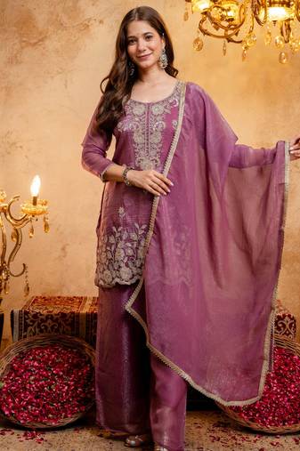 Purple embroidered crunchy kurta palazzo dupatta set