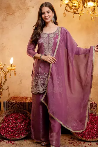 Purple embroidered crunchy kurta palazzo dupatta set