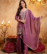Purple embroidered crunchy kurta palazzo dupatta set