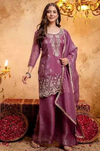 Purple embroidered crunchy kurta palazzo dupatta set