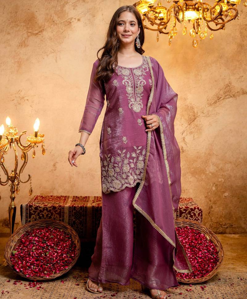 Purple embroidered crunchy kurta palazzo dupatta set